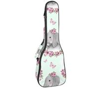 VAPOKF Sac pour ukulélé, housse pour ukulélé soprano ténor concert de 58,4 cm, 10 mm d'épaisseur, rembourré, doux, sangles réglables, sac de transport, motif éléphant mignon avec roses roses papillon,