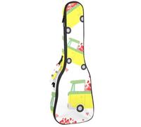 VAPOKF Sac pour ukulélé, housse pour ukulélé soprano ténor concert de 58,4 cm, 10 mm d'épaisseur, rembourrée, sangles réglables, sac de transport, motif voiture jaune dessin animé avec cœurs,