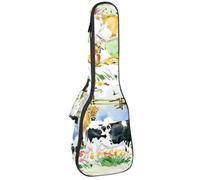 VAPOKF Sac pour ukulélé, housse pour ukulélé soprano ténor concert de 58,4 cm, 10 mm d'épaisseur, rembourré, sangles réglables, sac de transport, animaux de la ferme, vaches et mollets, multicolore,
