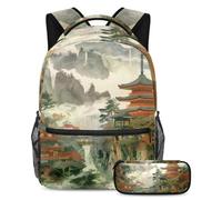 VAPOKF Temples in The Mountains Ensemble cartable pour adolescentes, filles, garçons, enfants, sac à dos avec trousse à crayons pour école primaire, secondaire et lycée, multicolore, Taille unique,