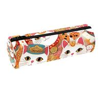 VAPOKF Tradition Maneki Neko Cat Trousse à crayons en cuir Porte-monnaie Cosmétique Trousse de maquillage pour étudiant Papeterie École Bureau Rangement
