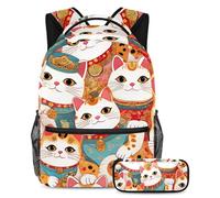 VAPOKF Tradition Maneki Neko Cats Ensemble cartable pour adolescent, fille, garçon, enfant, sac à dos avec trousse à crayons pour primaire, secondaire, lycée