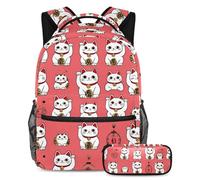 VAPOKF Tradition Maneki Neko Cats Ensemble cartable pour adolescent, fille, garçon, enfant, sac à dos avec trousse à crayons pour primaire, secondaire, lycée