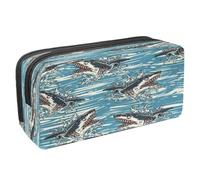 VAPOKF Trousse à crayons avec fermeture éclair pour garçons et filles, fournitures scolaires et de bureau, requins panités bleues et bulles, Dangerous Sharks on Waves Ocean, 2.3x8.2x3.9in/6x21x10cm,