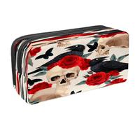 VAPOKF Trousse à crayons avec fermeture éclair pour garçons et filles, fournitures scolaires et de bureau, crâne et tête de chèvre taureau, Black Raven Butterfly Dead Skull Red Rose,
