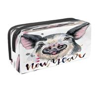 VAPOKF Trousse à crayons avec fermeture éclair pour garçons et filles, fournitures scolaires et de bureau, Happy Chinese New Year of Pig, Cochon aquarelle à pois noirs, 2.3x8.2x3.9in/6x21x10cm,