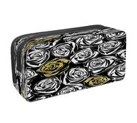 VAPOKF Trousse à crayons avec fermeture éclair pour garçons et filles, fournitures scolaires et de bureau, motif floral abstrait camomille, Rose pailletée avec rose noire, 2.3x8.2x3.9in/6x21x10cm,