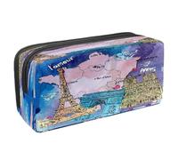 VAPOKF Trousse à crayons avec fermeture éclair pour garçons et filles, fournitures scolaires et de bureau, scrapbooking vintage avec cœur baisers, Aquarelle Carte de France, 2.3x8.2x3.9in/6x21x10cm,