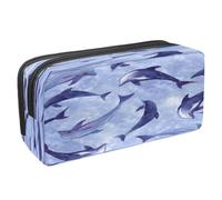 VAPOKF Trousse à crayons avec fermeture éclair pour garçons et filles, fournitures scolaires et de bureau, pingouin sur fond bleu blanc, Aquarelle Mignon Vagues Dauphin, 2.3x8.2x3.9in/6x21x10cm,