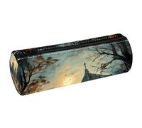 VAPOKF Trousse à crayons d'Halloween en cuir synthétique avec imprimé maison citrouille tombe, trousse de maquillage pour femmes, filles, garçons, enfants, fournitures scolaires et de bureau