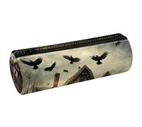 VAPOKF Trousse à crayons en cuir synthétique avec imprimé Raven volant au-dessus d'une cabine abandonnée - Trousse de maquillage pour femmes, filles, garçons, enfants, fournitures scolaires et de