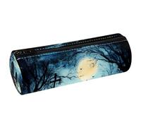 VAPOKF Trousse à crayons en cuir synthétique avec imprimé tombe, citrouille, lune, trousse de maquillage pour femmes, filles, garçons, enfants, fournitures scolaires et de bureau, multicolore