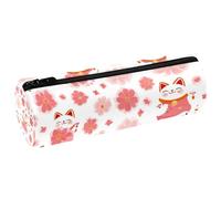 VAPOKF Trousse à crayons Lucky Cats Cherry Florals en cuir synthétique avec imprimé de chats et de cerises pour étudiants, trousse de maquillage pour femmes, filles, garçons, enfants, fournitures