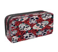VAPOKF Trousse à crayons pour étudiants avec fermeture éclair pour garçons et filles, fournitures scolaires et de bureau, crânes de gangster vintage, Day of the Dead Sugar Skulls Red Rose,