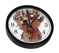 VAPOKF Yorkshire Terrier avec couronnes de fleurs sans tic-tac, horloge murale silencieuse à piles, pour chambre à coucher, salon, cuisine, bureau, décoration d'intérieur