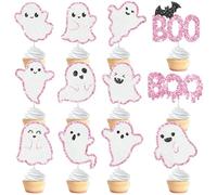 VARACL Lot de 24 décorations de cupcakes d'Halloween à paillettes pour décoration de fête d'Halloween, pics alimentaires pour décoration de gâteau d'anniversaire, fête prénatale, fête prénatale - Rose