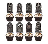 VARACL Lot de 24 décorations de cupcakes en pierre tombale pour Halloween, cimetière - 8 motifs effrayants - Décoration de cupcakes - Bâtons de centre de table - Pour fête d'Halloween