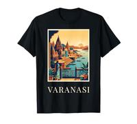 Varanasi India Ghat River Temple Sunset Architecture Scène T-Shirt