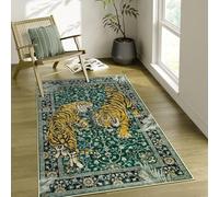 VARIKASHOM Tapis de Salon Grand Canapé Chambre Design Moderne Poil Court Doux, Bordure Vintage à imprimé Tigre Jaune, Vert émeraude, 150 x 180 cm