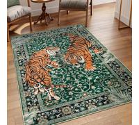 VARIKASHOM Tapis de Salon Grand Canapé Chambre Design Moderne Poil Court Doux, Motif Floral Vintage Moderne imprimé Tigre Orange, Vert foncé, 150 x 180 cm