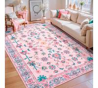VARIKASHOM Tapis de Salon Grand Chambre Design Moderne Poil Court Doux, Facile d'entretien, Tableau Decoration Vintage Shabby Chic à Motifs Floraux Rose, Bleu, Rouge et Jaune, 160 x 180 cm