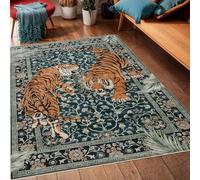 VARIKASHOM Tapis pour Intérieur Salon Canapé, Jardin Extérieur Table Terrasse Balcon, Motif Floral Vintage Moderne imprimé Tigre Orange, Bleu Sarcelle foncé, 180 x 200 cm