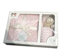 various Dou Couverture extra douce + doudou ours au toucher velouté, ensemble cadeau bébé, lavable, texture en relief (rose)