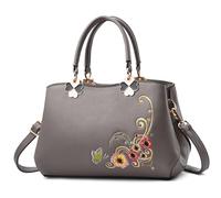 VARLIVOO Élégante Sac à Main Dames Sacs Bandoulière Femme Sac de Messager Broderie Sac Portés Main Sac Fourre Tout Sac de Cours Voyager Travail PU Cuir Gris C