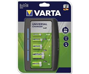VARTA Chargeur de Piles, chargeur pour piles rechargeables, charge 2 ou 4 AA, AAA, C, D ou 1x 9V simultanément, Universal Charger, non équipé