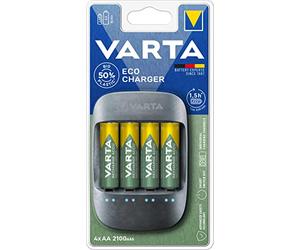 VARTA Chargeur de Piles, incl. 4X AA 2100mAh, chargeur pour piles AA/AAA rechargeables, Eco Charger, chargement à un seul emplacement, fabriqué avec 50% de matière bioplastique