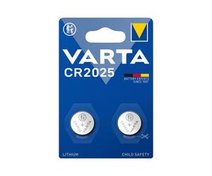 Varta Lithium CR2025, pile bouton 3V, 2 unités, dimensions 20x2.5mm, poids 2.5g, usage unique, conditionnement blister