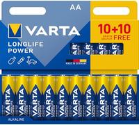 VARTA Piles AA, 10+10 (lot de 20), Longlife Power, Alcalines, 1,5V, emballage recyclé à 90%, adaptées aux jouets, souris sans fil, lampes de poche, Made in Germany