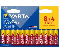 VARTA Piles AA, 8+4 (lot de 12), Longlife Max Power, Alcalines, 1,5V, emballage recyclé à 90%, adaptées aux appareils photo numériques, contrôleurs, Made in Germany