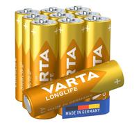 VARTA Piles AA, lot de 10, Longlife, Alcalines, 1,5V, adaptées aux télécommandes, réveils, radios, horloges murales, Made in Germany