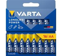 VARTA Piles AA, lot de 16, Longlife Power, Alcalines, 1,5V, emballage recyclé à 90%, adaptées aux jouets, souris sans fil, lampes de poche, Made in Germany