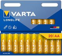 VARTA Piles AA, lot de 20, Longlife, Alcalines, 1,5V, emballage recyclé à 90%, adaptées aux les télécommandes, réveils, radios, horloges murales, Made in Germany