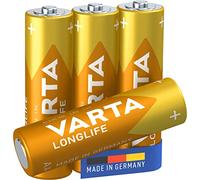 VARTA Piles AA, lot de 4, Longlife, Alcalines, 1,5V, adaptées aux télécommandes, réveils, radios, horloges murales, Made in Germany