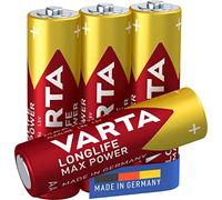 VARTA Piles AA, lot de 4, Longlife Max Power, Alcalines, 1,5V, adaptées aux appareils photo numériques, contrôleurs, tensiomètres, Made in Germany