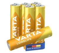 VARTA Piles AA, lot de 6, Longlife, Alcalines, 1,5V, emballage recyclé à 90%, adaptées aux les télécommandes, réveils, radios, horloges murales, Made in Germany