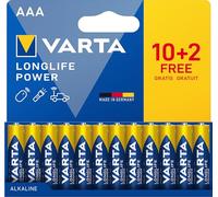 VARTA Piles AAA, 10+2 (lot de 12), Longlife Power, Alcalines, 1,5V, emballage recyclé à 90%, adaptées aux jouets, souris sans fil, lampes de poche, Made in Germany