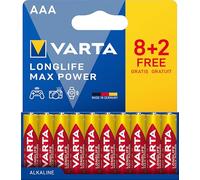VARTA Piles AAA, 8+2 (lot de 10), Longlife Max Power, Alcalines, 1,5V, emballage recyclé à 90%, adaptées aux appareils photo numériques, contrôleurs, Made in Germany