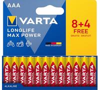 VARTA Piles AAA, 8+4 (lot de 12), Longlife Max Power, Alcalines, 1,5V, emballage recyclé à 90%, adaptées aux appareils photo numériques, contrôleurs, Made in Germany