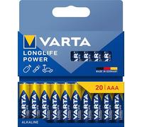 VARTA Piles AAA, lot de 20, Longlife Power, Alcalines, 1,5V, emballage recyclé à 90%, adaptées aux jouets, souris sans fil, lampes de poche, Made in Germany