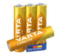 VARTA Piles AAA, lot de 4, Longlife, Alcalines, 1,5V, adaptées aux télécommandes, réveils, radios, horloges murales, Made in Germany