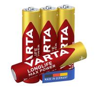 VARTA Piles AAA, lot de 4, Longlife Max Power, Alcalines, 1,5V, adaptées aux appareils photo numériques, contrôleurs, tensiomètres, Made in Germany