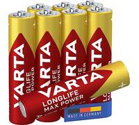 VARTA Piles AAA, lot de 8, Longlife Max Power, Alcalines, 1,5V, adaptées aux appareils photo numériques, contrôleurs, tensiomètres, Made in Germany