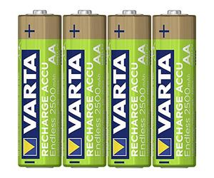 VARTA Piles rechargeables AA lot de 4, Recharge Accu Endless, 2500 mAh Ni-MH, sans effet mémoire, préchargées, prêtes à l'emploi