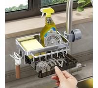 Vartegas Organisateur d'évier en acier inoxydable avec bac d'égouttement et porte-éponge - Étagère de cuisine peu encombrante compatible avec robinet pour rangement d'évier (C)