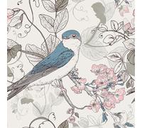 VaryFloral Papier Peint Autocollant Mural Oiseaux Bleu Vintage 44.5cmx400cm | Papier Peint Fleuri Rose Rouleau Adhesif Decoratif Couloir Salle de Bain Impermeable Film Adhesif pour Meuble Armoire Placard
