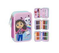 VARZI La Maison des Poupées de Gabby Trousse Triple Remplie 3D Fille 45 Accessoires École, 3 Zips, Compartiments Organisés, Pastels, Marqueurs, Colle, Ciseaux